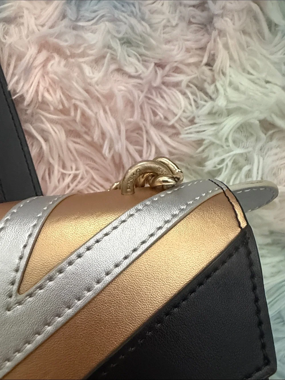 Authentic PINKO Love Birds Chevron Leather Crossbody Bag Black Gold